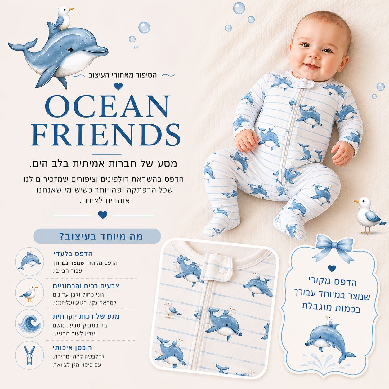 אוברול במבוק לתינוק- Ocean Friends-PRE SALE